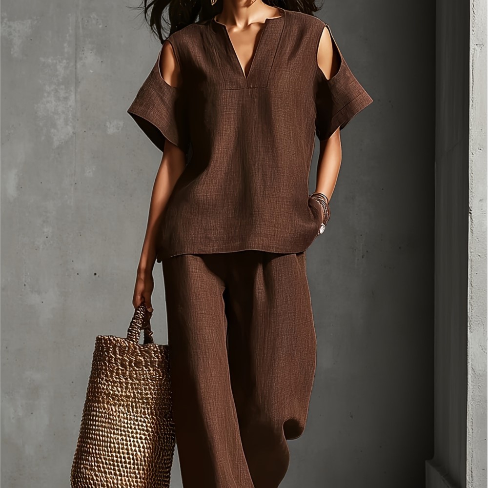 Home Textiles Store - ชุดลำลองผ้าลินินสีพื้นเรียบง่ายสำหรับผู้หญิง เสื้อเปิดไหล่แขนสั้น กางเกงขายาวทรงกว้าง เหมาะสำหรับวันหยุดฤดูร้อน ชุดกีฬา
