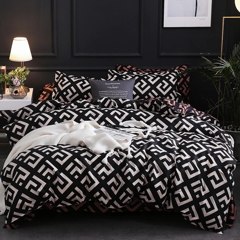 Home Textiles Store - ชุดเครื่องนอนผ้านวมสีดำสุดหรูพร้อมปลอกหมอนผ้าปูที่นอน sprei ขนาดเต็มเตียงควีนไซส์/คิงไซส์เตียงเดี่ยวคู่