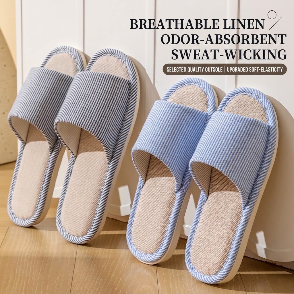 Textiles For Home - รองเท้าแตะผ้าลินินระบายอากาศสำหรับผู้หญิงและผู้ชาย ลายทาง เปิดหัวเท้า รองเท้าใส่ในบ้าน พื้นนุ่มกันลื่น ดูดซับเหงื่อ