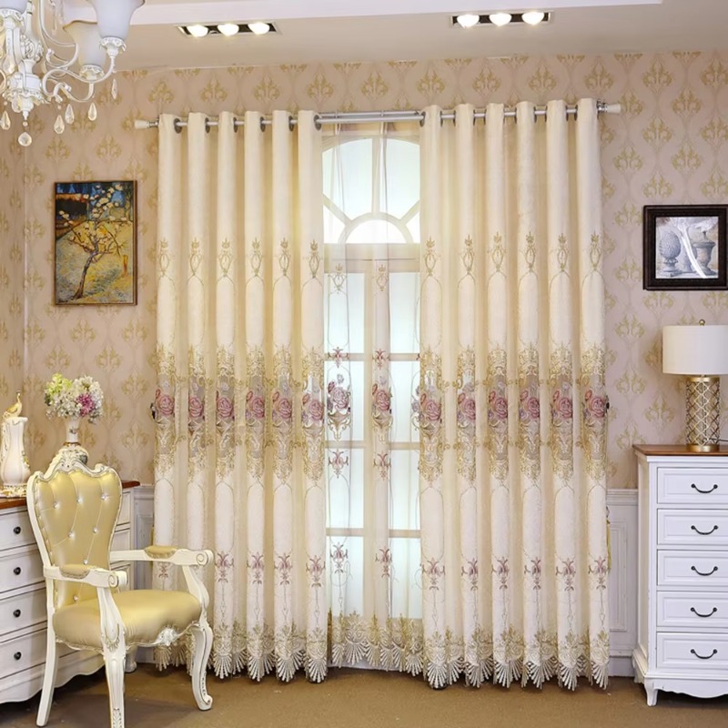 Home Textiles Luxury Curtains - ผ้าม่านสีเบจคุณภาพสูง ตกแต่งบ้าน ผ้าม่านปักลายสำหรับห้องนั่งเล่น หรูหรา ทันสมัย